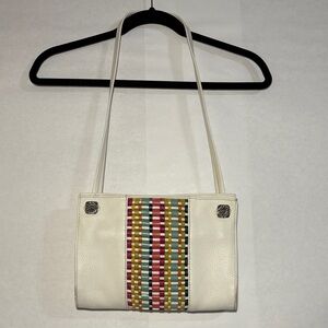 Brighton Vintage White Leather Multicolor Hand-Laced Woven Front Panel Purse